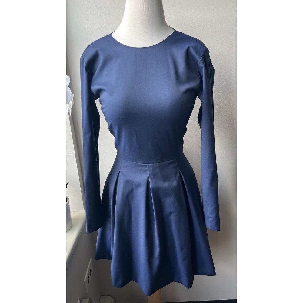 ESTHIS Navy Loro Piana Super 130s Wool Long Sleeve Fit Flare Dress XS S Sz 2 34